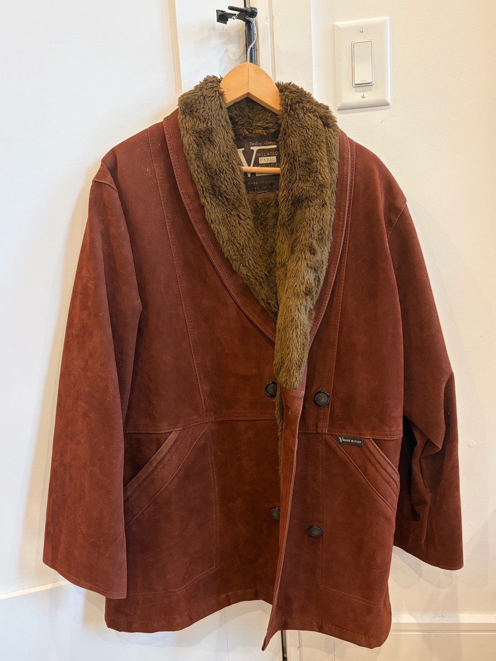 Vintage Brown/Terracotta Vegan Suede Coat with Faux Fur Collar